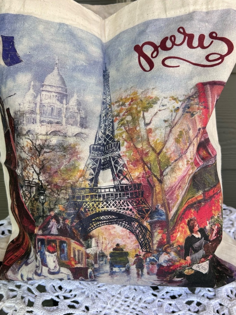 Paris Scene Canvas Tote Bag - Cream with Multicolor Print - Picture 2 of 11